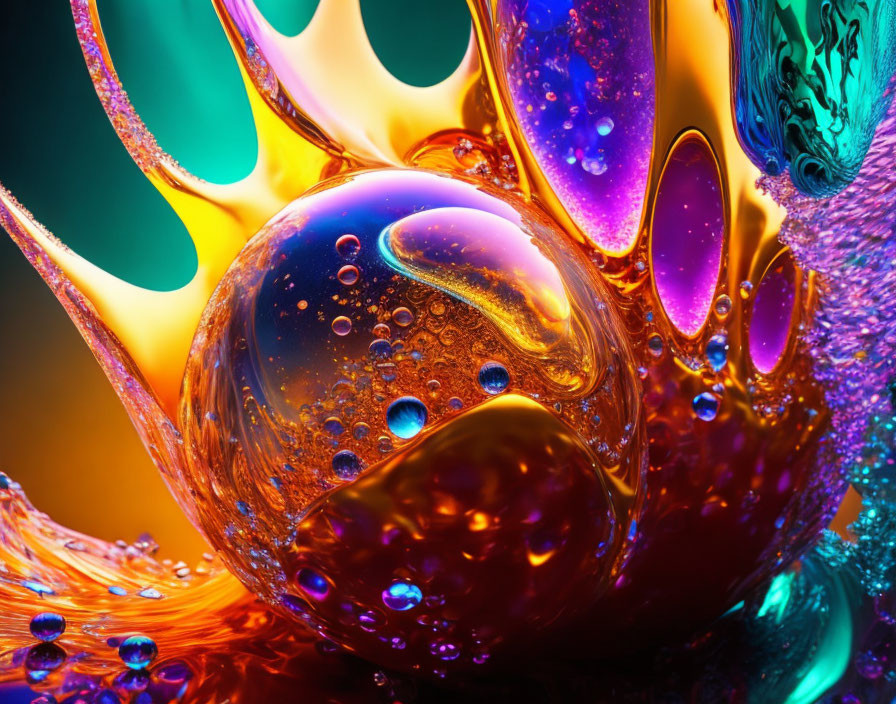 Colorful Oil and Water Droplets Macro Shot with Swirling Patterns