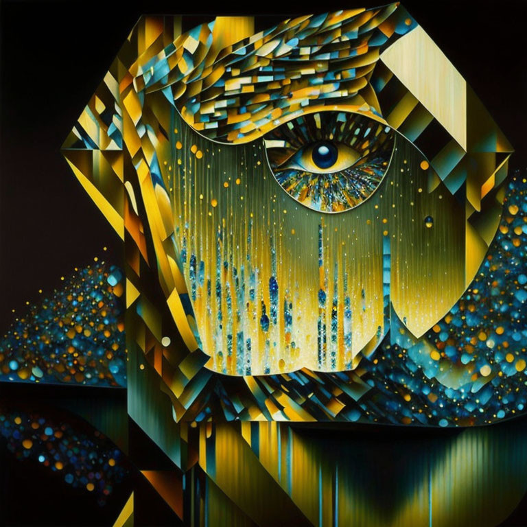 Geometric Abstract Eye Art in Gold and Blue Tones