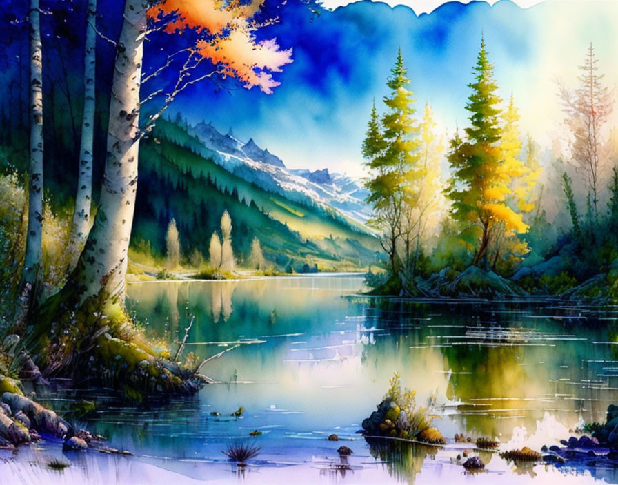 Serene lakeside watercolor: lush forests, distant mountains