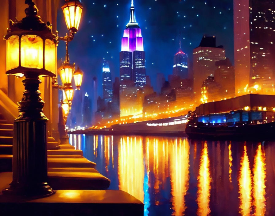 Colorful cityscape at night with illuminated buildings and vintage street lamps reflected on water.