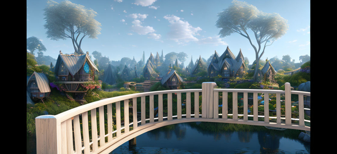 Tranquil fantasy village with river, bridge, and lush greenery