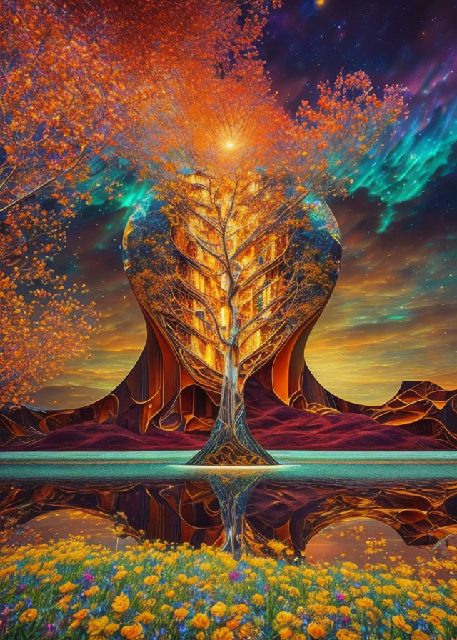 Surreal tree with radiant branches in hourglass under vibrant sky