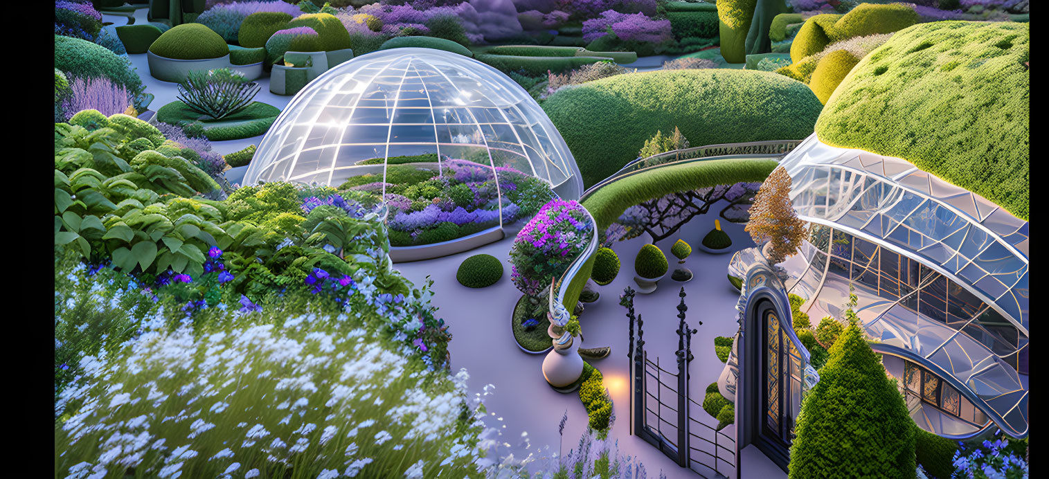 Futuristic glowing domes in meticulously trimmed night garden