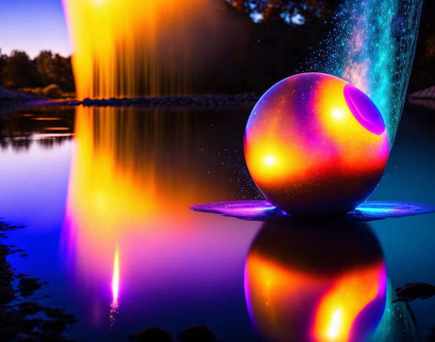 Colorful Cosmic Sphere Reflecting Waterfall Light