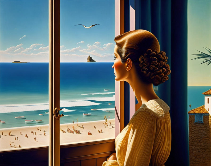 Woman looking out window at beach with boats and seagull