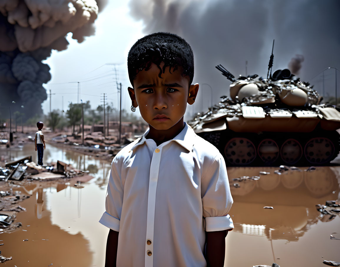 Young boy in muddy area with tank and smoke - scene of conflict or disaster