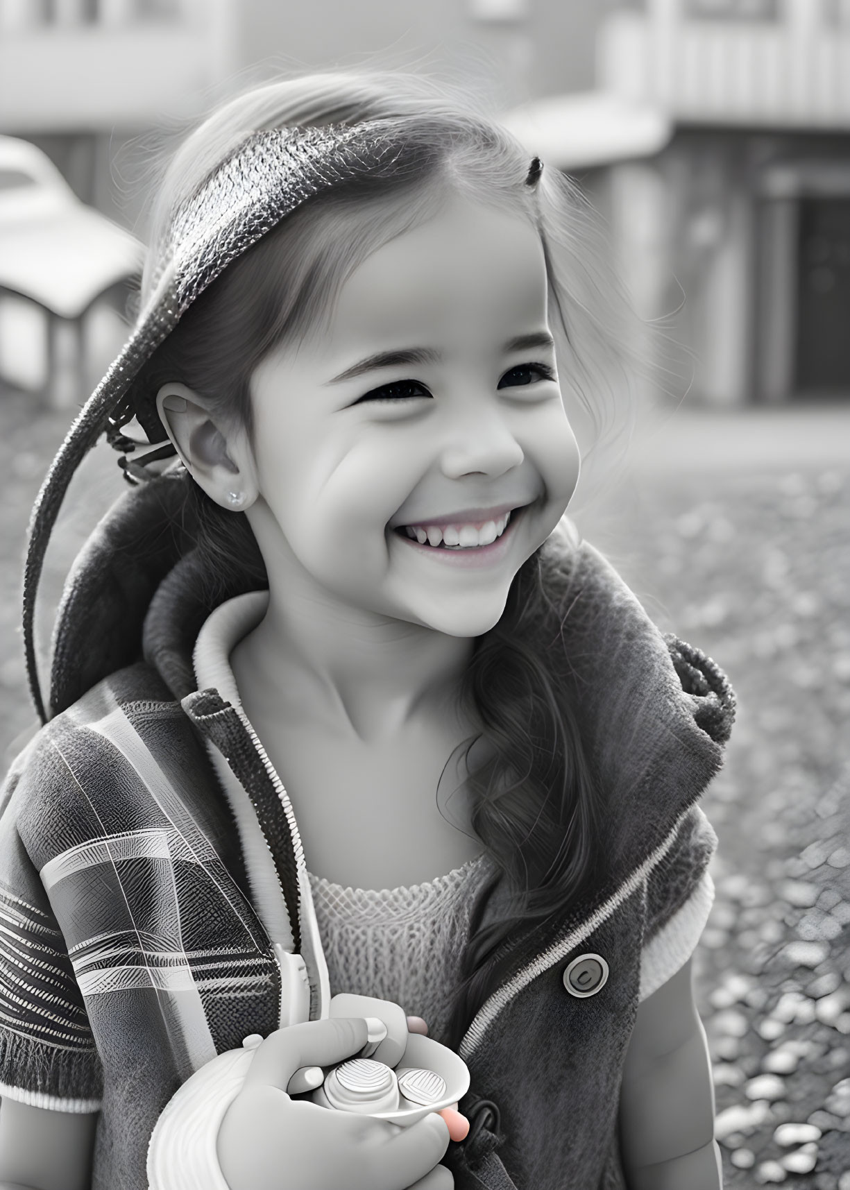 Cheerful young girl in tweed hat and coat holding coins in monochrome background