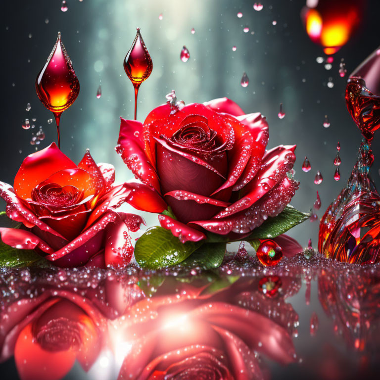 Vibrant red roses with dewdrops on dark background - romantic and luxurious.