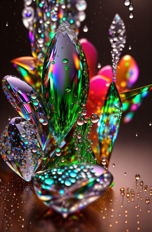 Colorful Crystal Water Droplets Refracting Light on Dark Bokeh Background