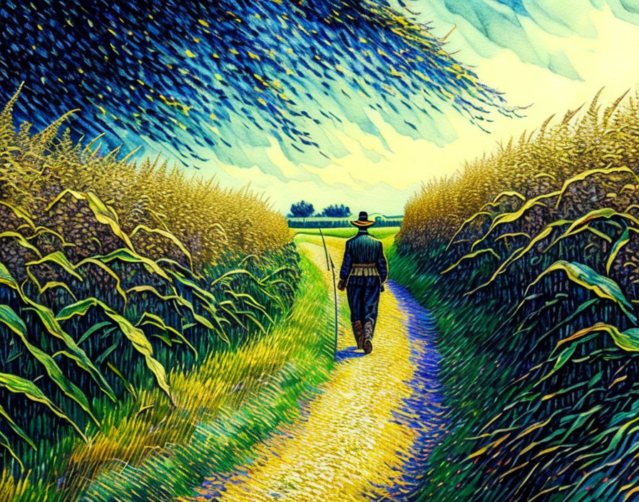 Person walking in golden wheat fields under starry night sky