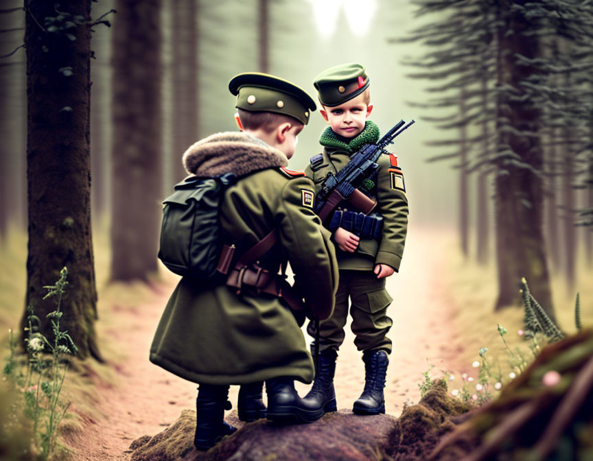 Children in military uniforms with toy guns in misty forest discussion.