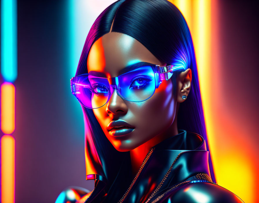 Digital Art Portrait of Woman with Purple Glasses and Neon Lights