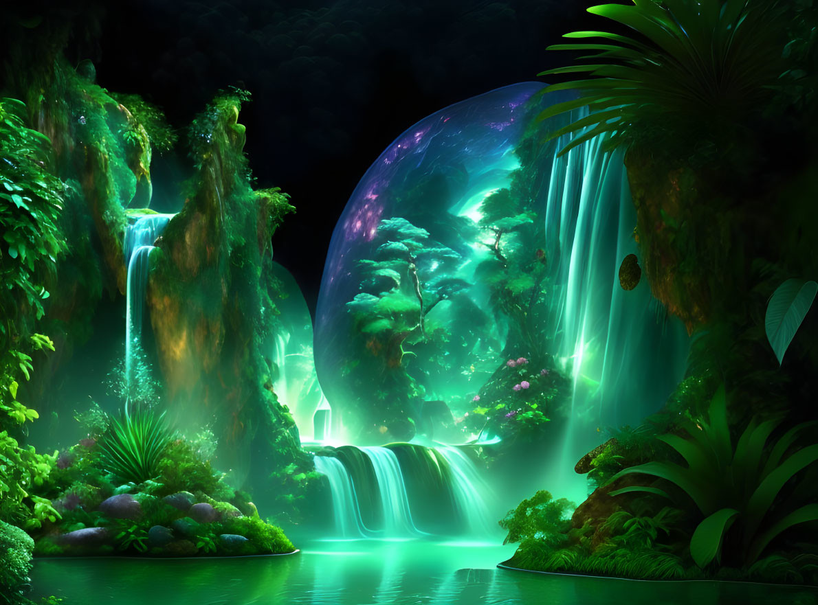 Fantasy landscape with waterfalls, lush greenery, and glowing moon