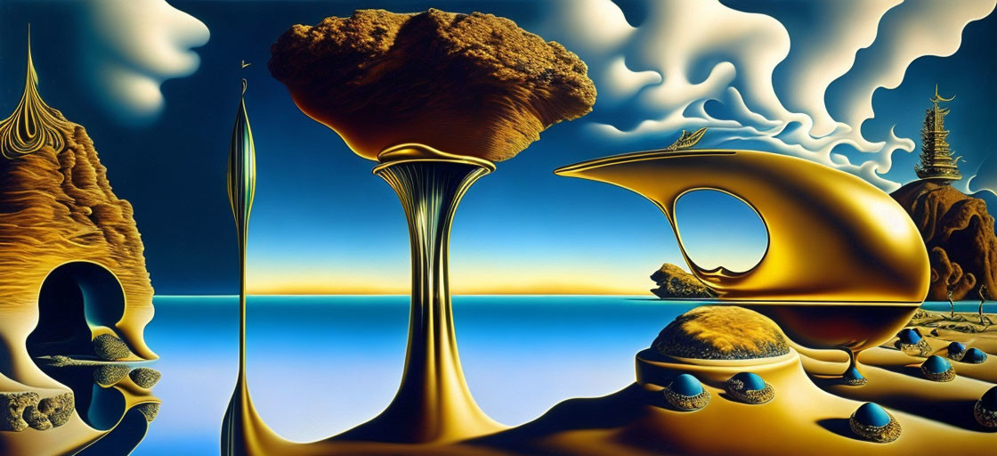 Surreal landscape with large golden 'D', melting objects, distorted shapes, calm ocean