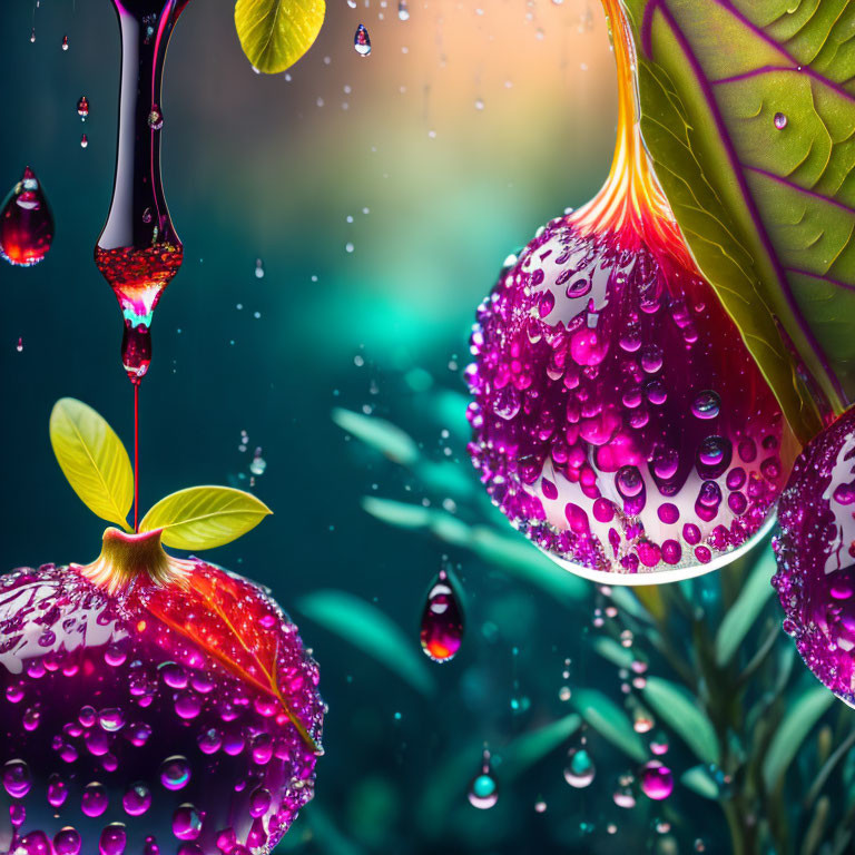 Colorful digital artwork featuring cherries, water droplets, and surreal liquid thread on bokeh background