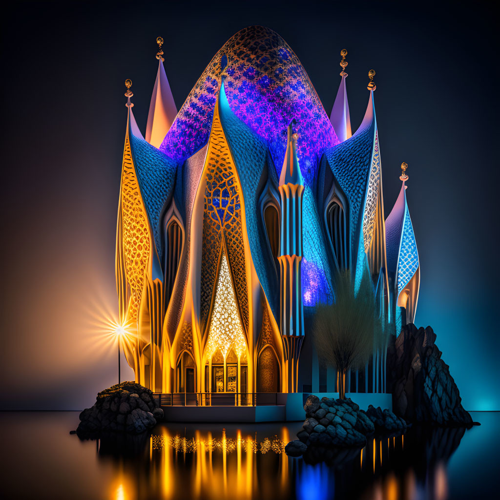 Intricate illuminated structure with pointed arches on dark background