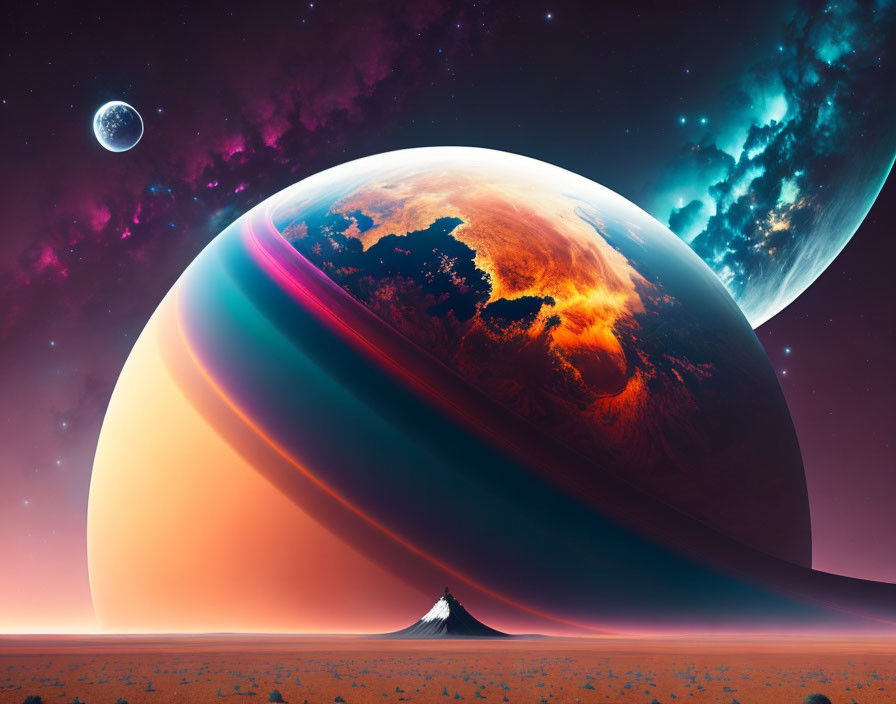 Colorful sci-fi landscape with giant ringed planet, moon, auroras, and mountain