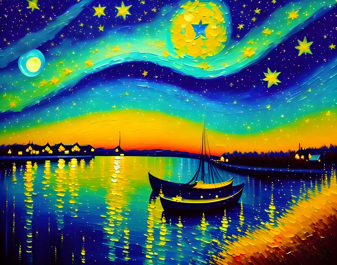 Night sky painting with crescent moon, stars, calm lake, and boat