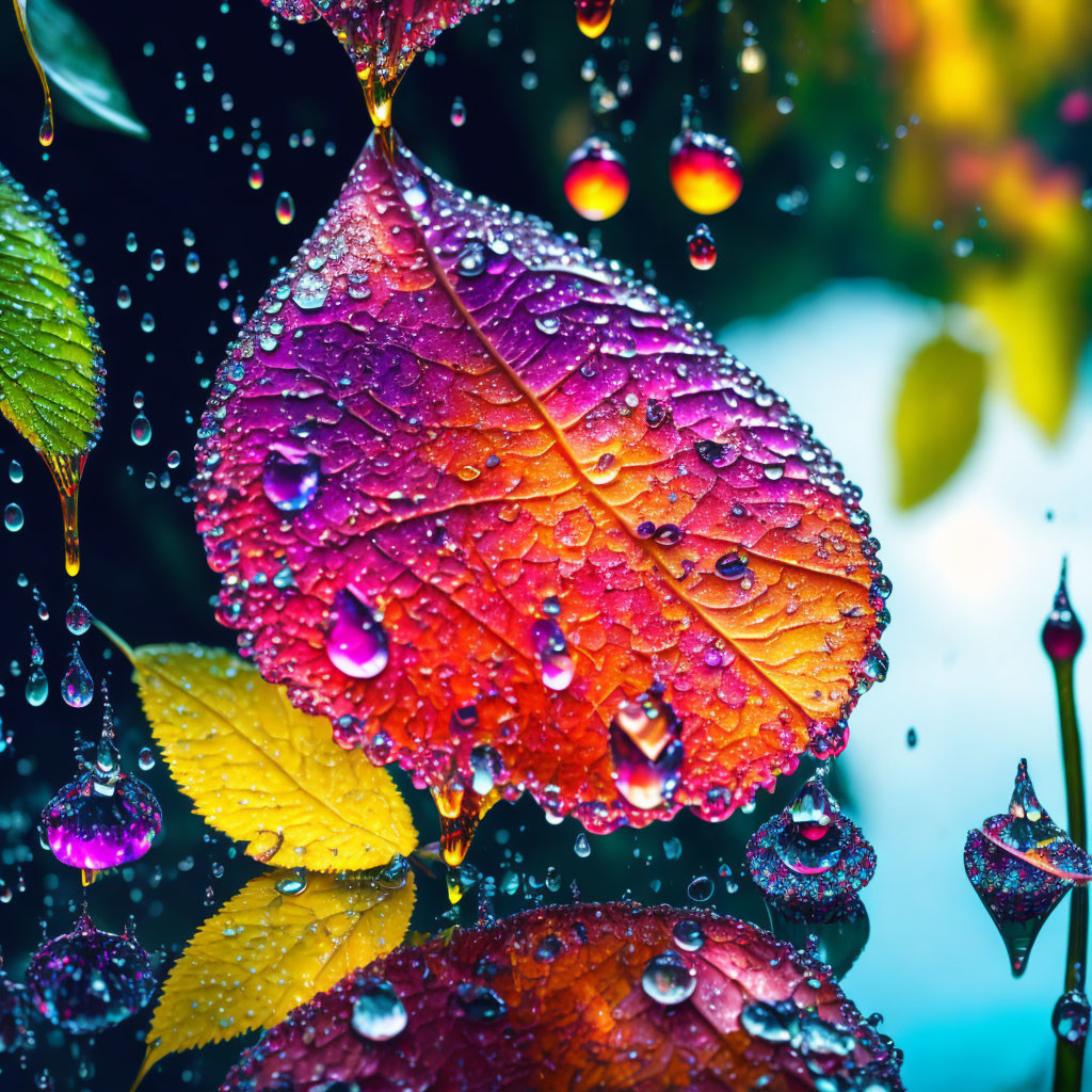 Colorful water droplet-covered leaves against blurred backdrop