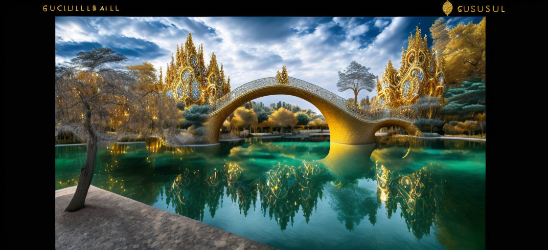 Intricate Golden Bridge Over Teal Lake