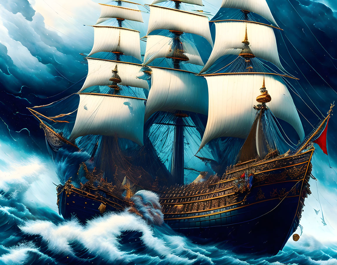 Traditional sailing ship with multiple masts and billowing sails on turbulent blue seas under dynamic sky