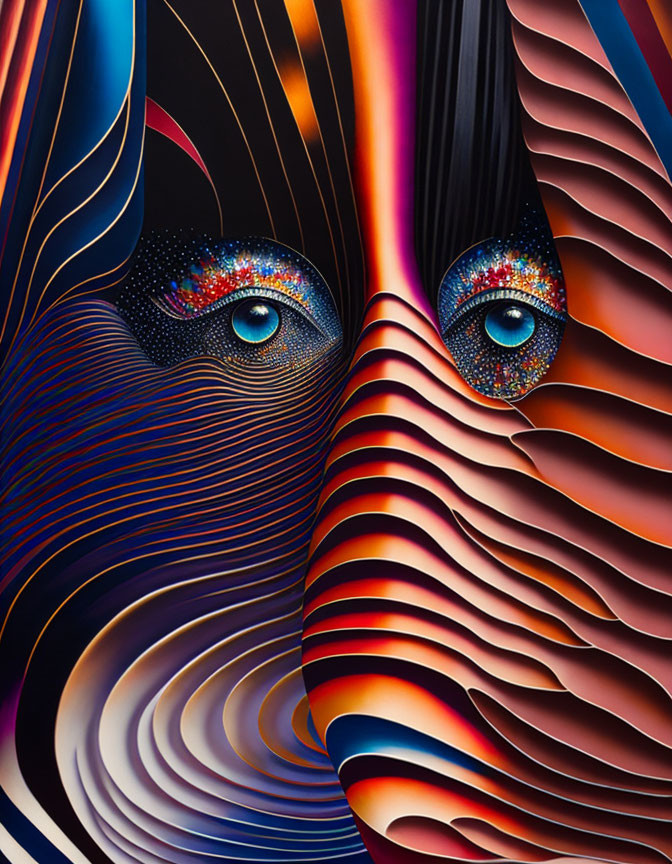 Colorful Abstract Art: Realistic Eyes Among Wavy Lines