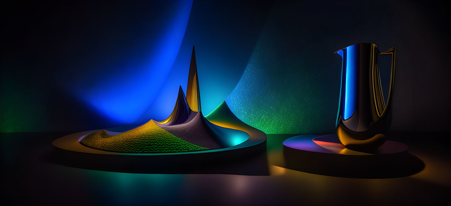 Abstract sculptures emitting blue and yellow lights in futuristic 3D render