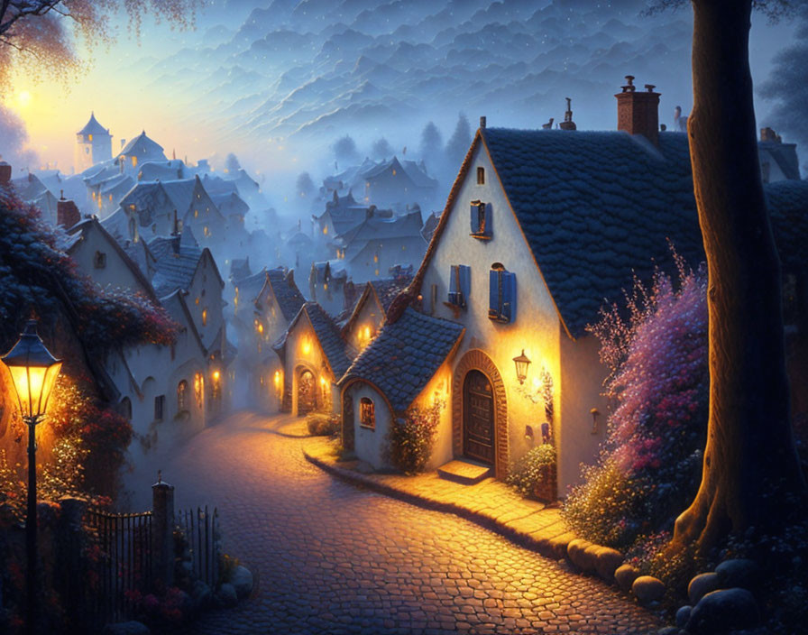 Cobblestone village at dusk with glowing street lamps and vibrant flowers