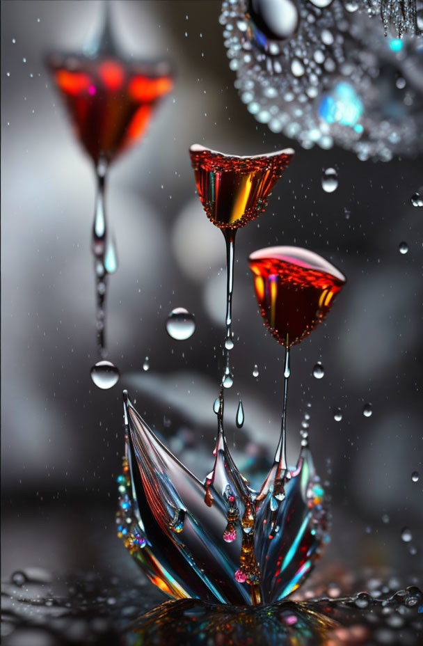 Vibrant red liquid in dynamic splashes on bokeh background