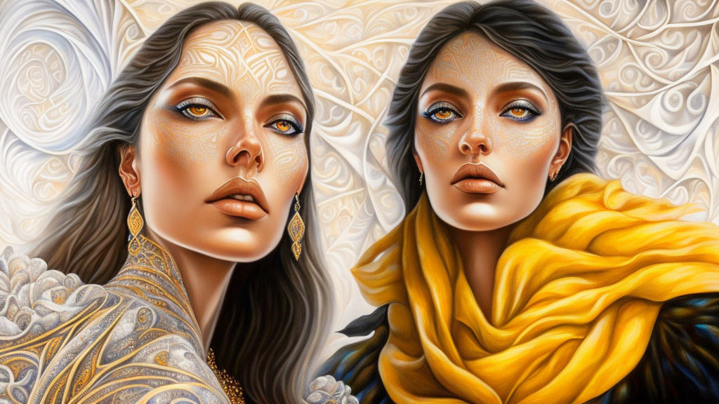 Illustration of two women with golden facial patterns and elegant attire, one in a yellow scarf