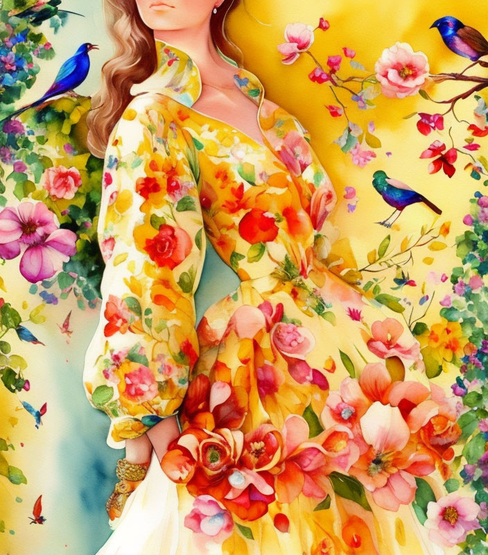 Woman in vibrant floral dress with blooming flowers and bluebirds.