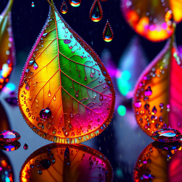 Vibrant leaves with water droplets on bokeh light backdrop