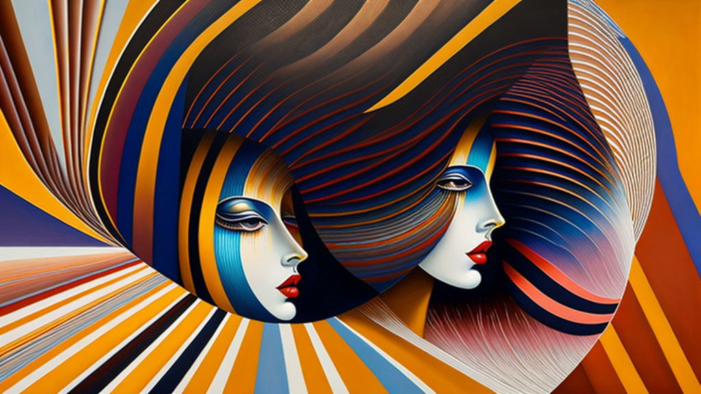 Stylized faces with striped hair patterns in optical illusion on orange background