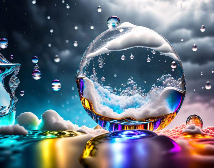 Colorful Macro Shot of Water Droplets and Bubbles Reflecting Light