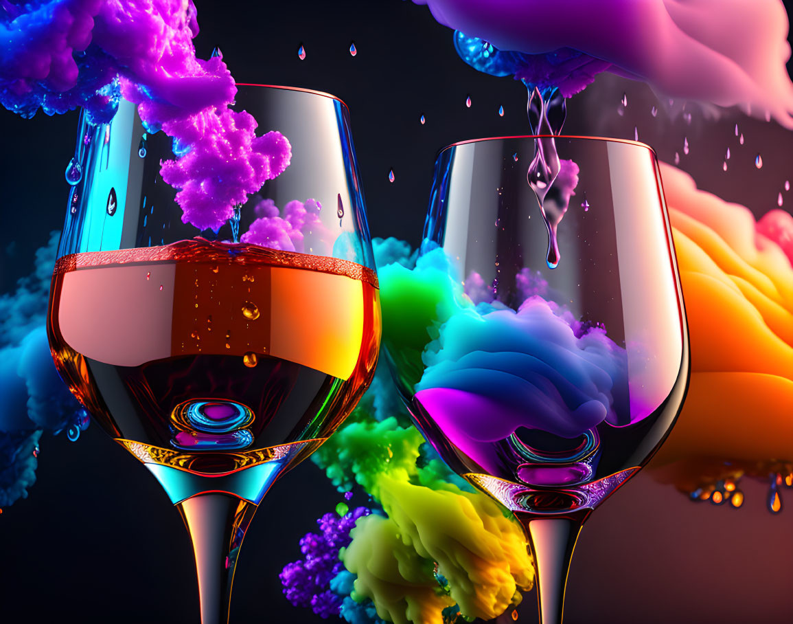 Vibrant multicolored clouds surround two wine glasses with liquid splashing effects