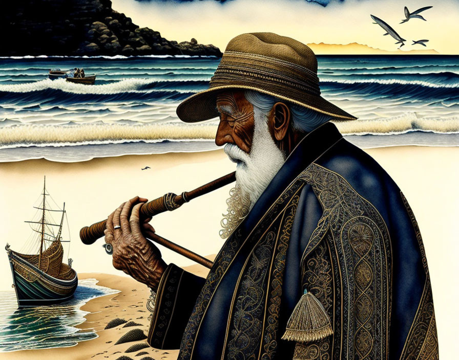 White-bearded elderly man with telescope by the sea and ship in background