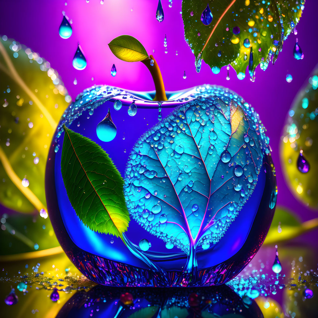 Colorful digital artwork: glass apple with dew-covered leaves on vibrant backdrop.