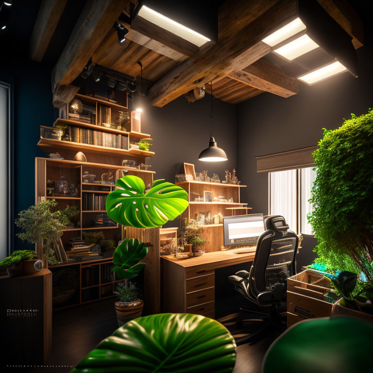 Wooden-beamed home office with skylights, computer desk, bookshelves, indoor plants