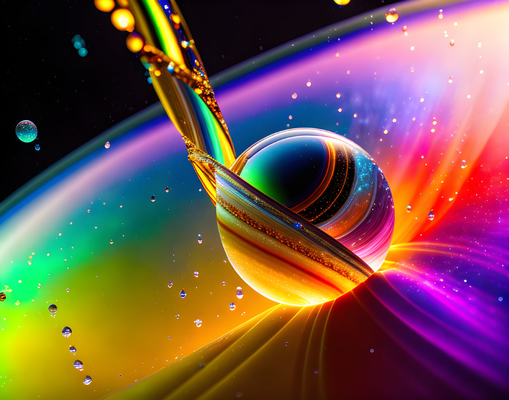 Colorful liquid landscape in crystal ball macro image