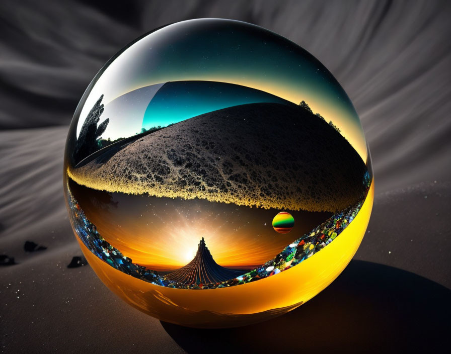 Surreal crystal ball reflecting starry sky and desert landscape with warped perspective