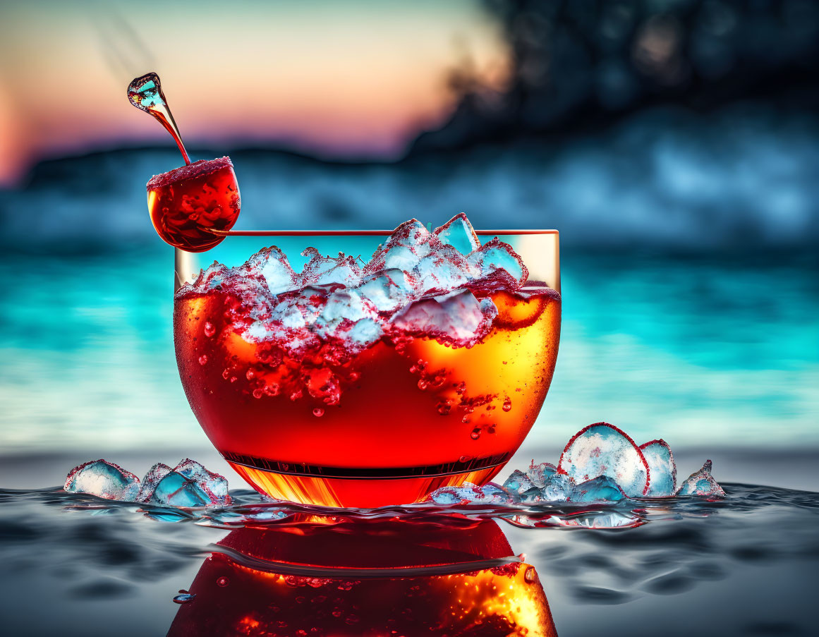 Colorful Cocktail Splash with Ice on Blurred Beach Sunset Background