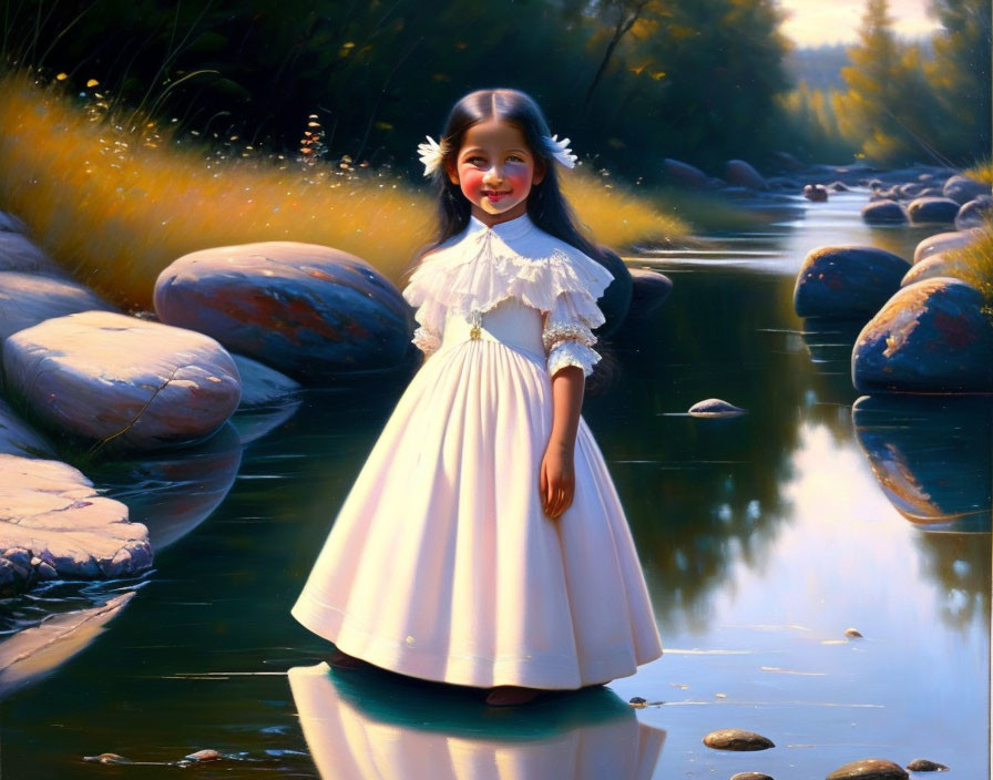 Young girl in white vintage dress smiling in sunlit stream with rocks and greenery