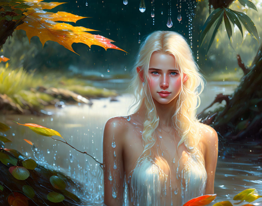 Blonde woman with blue eyes in water surrounded by foliage and droplets