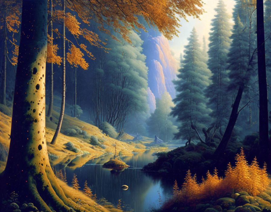 Tranquil autumn forest with river, evergreen trees, and cliffs