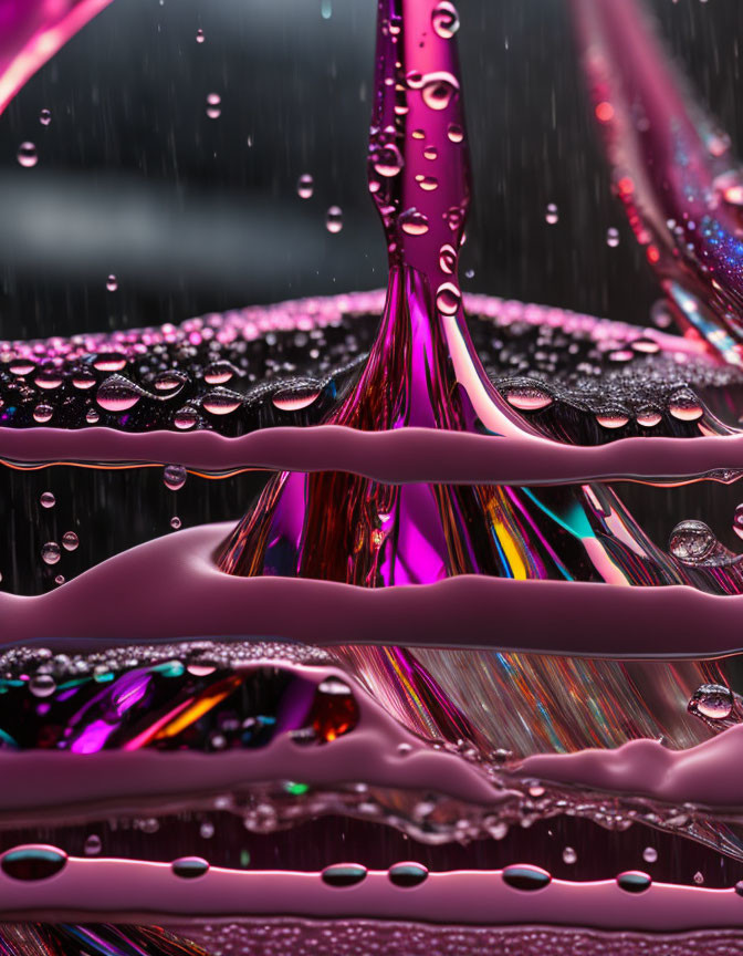 Macro photograph of colorful water droplets on reflective surface