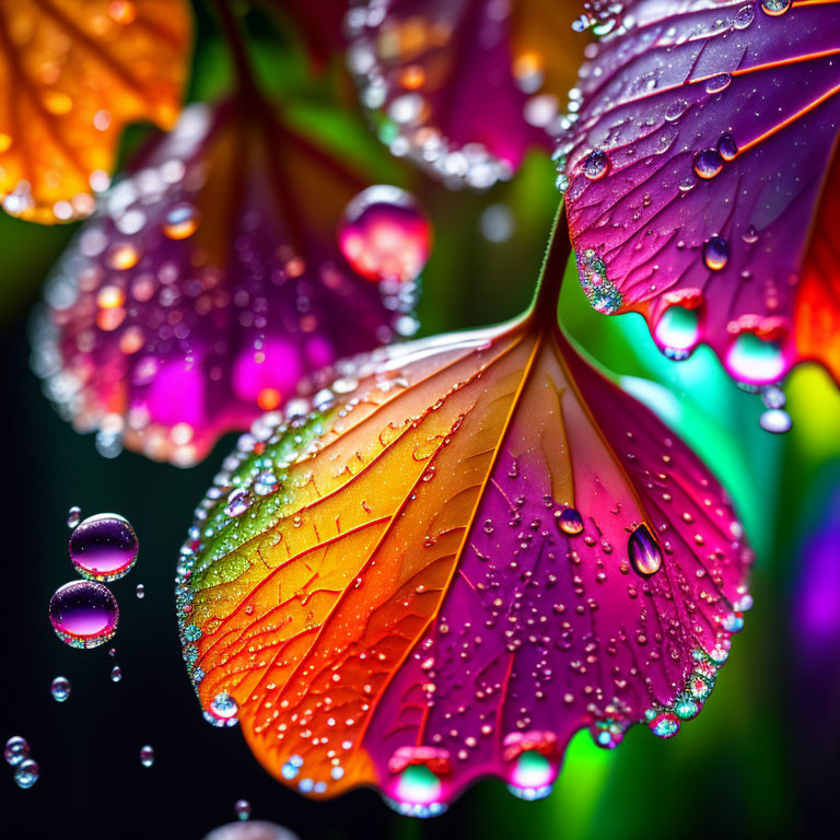 Colorful Petals Covered in Water Droplets on Dark Background