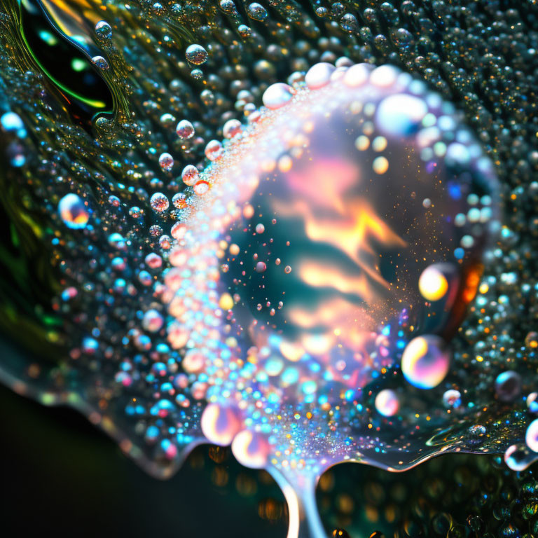 Vibrant close-up of iridescent bubbles with intricate reflections.