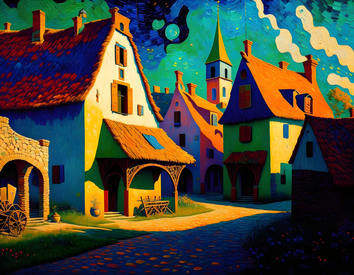 Colorful painting of whimsical village with cobblestone path & swirling night sky