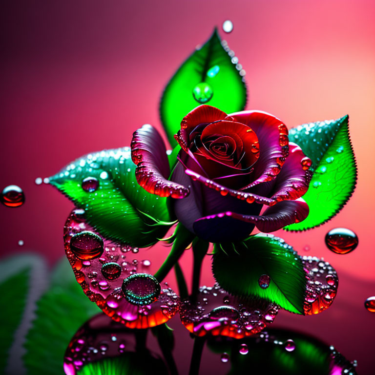 Digitally enhanced rose image with red and green petals and water droplets on pinkish-red backdrop