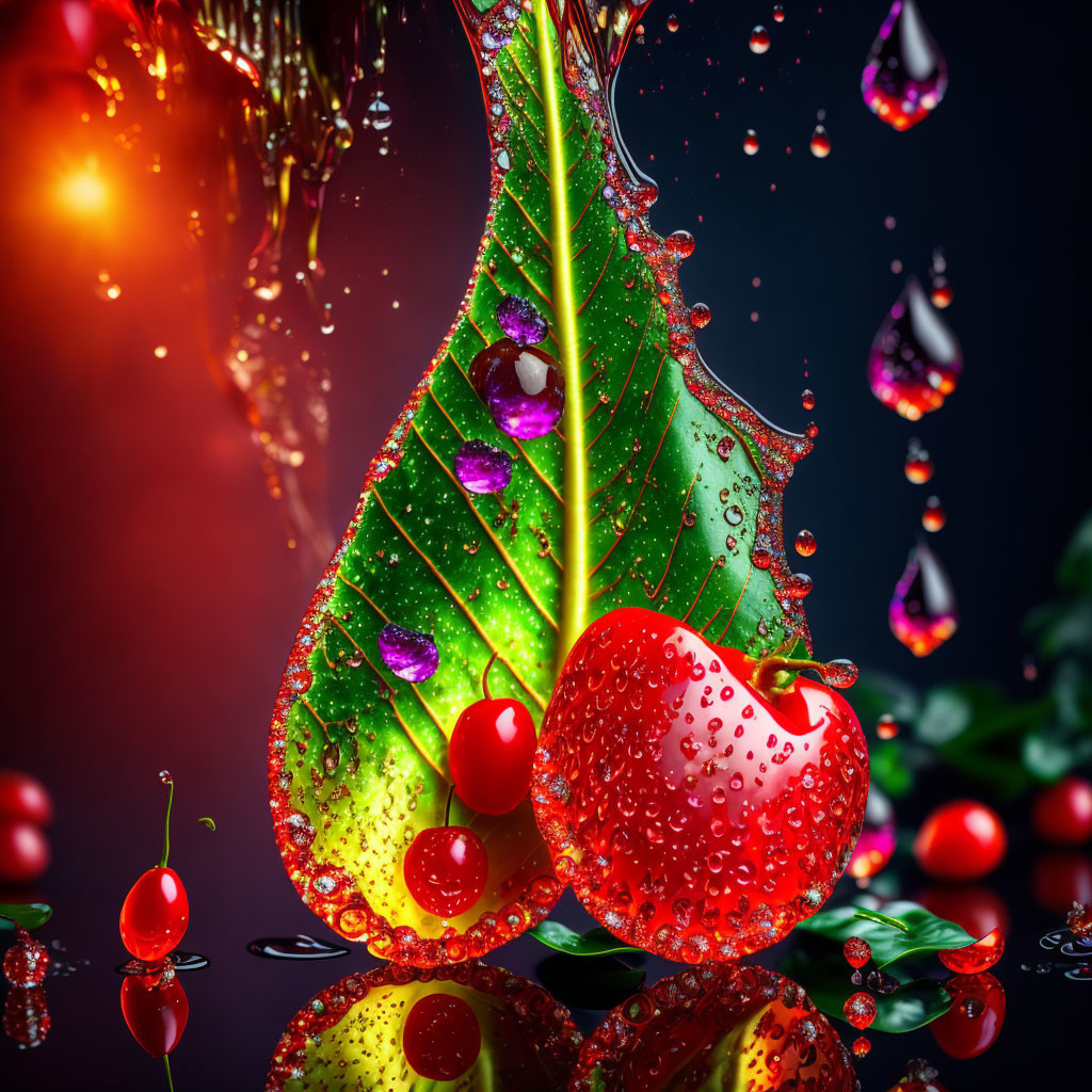 Colorful Leaf, Water Droplets, Cherries on Dark Background